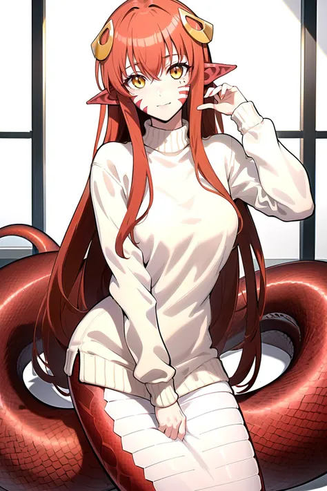 (masterpiece, best quality, highres), 1girl, solo,
miia, miia \(monster musume\), lamia,
facial mark, monster girl, hair ornament, pointy ears,
yellow eyes, red hair, long hair, slit pupils, white sweater,
<lora:miia11:0.7>