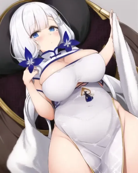illustrious \(azur lane\),blue eyes, white hair,mole under eye, large breasts,china dress,