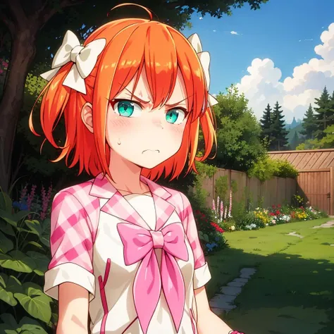 masterpiece, best quality, highly quality , <lora:Idol_Yna1:0.7> , Yuina-KJ, wristband, plaid shirt , closed mouth, upper body, white hair bow, frown , pink bow, shaded face, pointing, , outdoor , vegetation around , garden , (disgusted , angry:1.2) , looking at viewer, cowboy shot , from behind