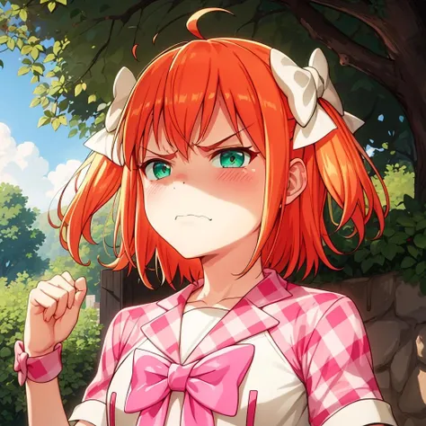 masterpiece, best quality, highly quality   , <lora:Idol_Yna1:0.7> , Yuina-KJ, wristband, plaid shirt , closed mouth, upper body, white hair bow, frown , pink bow, shaded face, pointing,  , outdoor , vegetation around , garden , (disgusted , angry:1.2) , looking at viewer,
