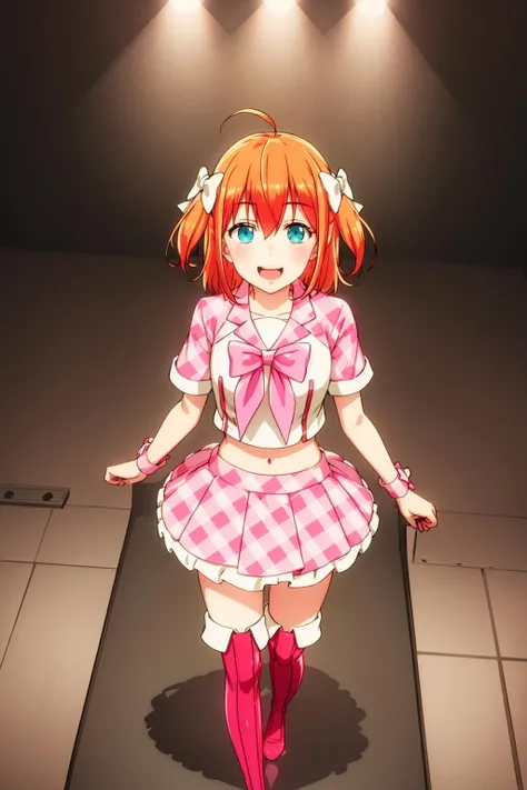 masterpiece, best quality, highly quality , <lora:Idol_Yna1:0.7> , Yuina-KJ, wristband, plaid shirt , closed mouth, upper body, white hair bow, frown , pink bow, midriff , (scenery:1.2) , happy, smile , open mouth , looking at viewer, full body shot , (pink thigh boots:1.1) , (concert:1.4) , from behind , walking towards the stage , (from above:1.3)