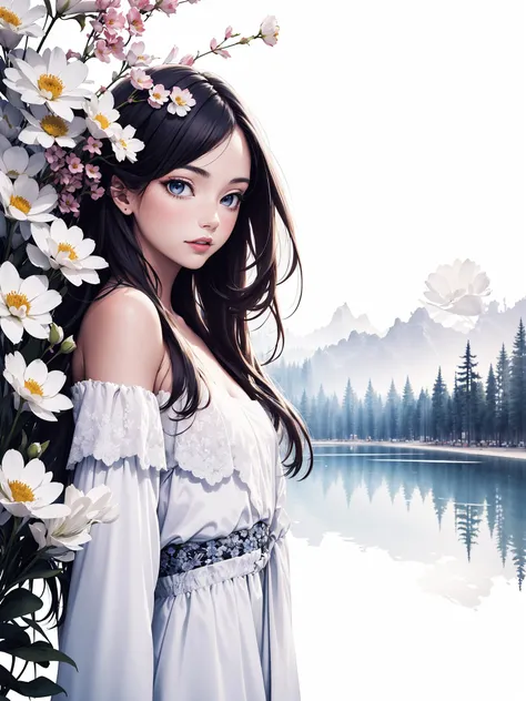 <lora:inklora:0.8>  ink ,scenery(masterpiece, best quality, highres), break
(1girl, long hair, floating, upper body, off shoulder), (white background, flower, scenery),