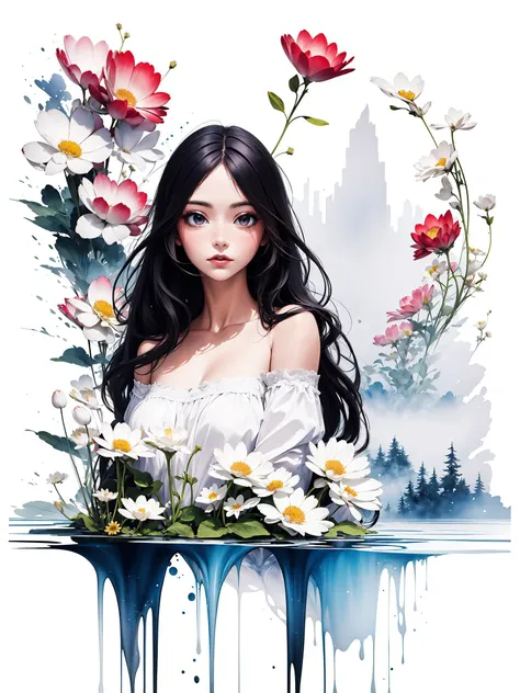 <lora:inklora:1>  ink ,scenery(masterpiece, best quality, highres), break
(1girl, long hair, floating, upper body, off shoulder), (white background, flower, scenery),