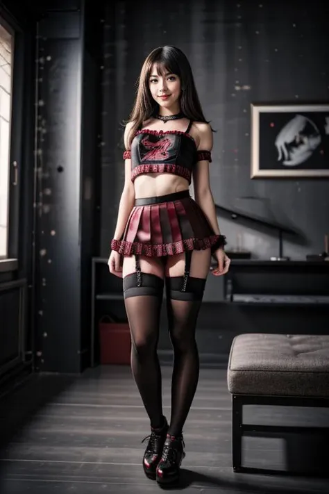((Masterpiece, best quality, cinematic lighting, 8k, full body shot, long hair)), (smile:0.85), (realistic scenic background)
<lora:Red_Latex_Skirt_Top_By_Stable_Yogi:0.8>
latex red and black pleated micro skirt, black printed top, midriff, thigh highs, garter straps, shoes