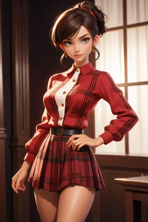 (photograph, hyperrealism, masterpiece, 8k:1.3), 1girl, Macedonian, elegant, nsfw, <lora:Crochet_Shirt_Skirt_By_Stable_Yogi:1>, crochet pattern, red collared shirt, long sleeves, red plaid skirt, updo hairstyle brunette hair, smug, Warm Lighting, Soft golden or amber hues creating a cozy and inviting atmosphere, trending on Sketchfab, concept art, shot by helmut newton, straight-on, full body