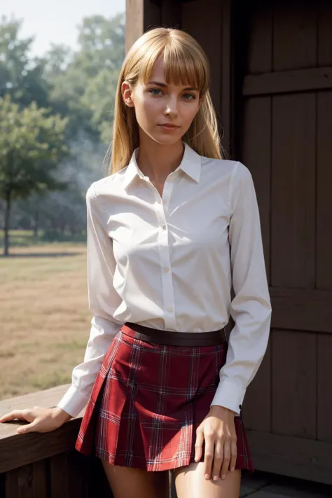 (photograph, hyperrealism, masterpiece, 8k:1.3), 1girl, Slovenian, slender, (nsfw:1.2), <lora:Crochet_Shirt_Skirt_By_Stable_Yogi:1>, crochet pattern, red collared shirt, long sleeves, red plaid skirt, micro bangs blonde hair, determined, Misty Lighting, Soft, misty light adding an air of mystery and enchantment to the scene, trending on Sketchfab, concept art, shot by joel meyerowitz, cowboy shot