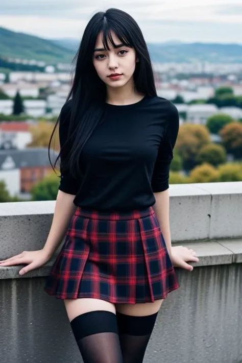 1 woman, 22yo, realistic, masterpiece, high detailed skin, looking at viewer, full body shot, scenic view, long hair, black hair
black shirt, microskirt, thighhighs, red plaid skirt, fishnets
<lora: