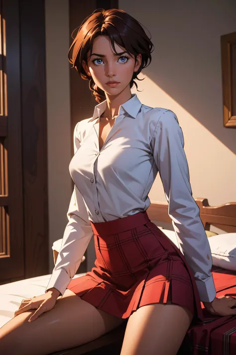 (photograph, hyperrealism, masterpiece, 8k:1.3), 1girl, Nigerien, burly, nsfw, spread legs, (pussy-hole-braggart:1.2), <lora:Crochet_Shirt_Skirt_By_Stable_Yogi:1>, crochet pattern, red collared shirt, long sleeves, red plaid skirt, drill hair brunette hair, lonely, Dramatic Lighting, High contrasts and bold shadows to intensify emotions and create a passionate ambiance, trending on Google Images, concept art, shot by alfred stieglitz, cowboy shot