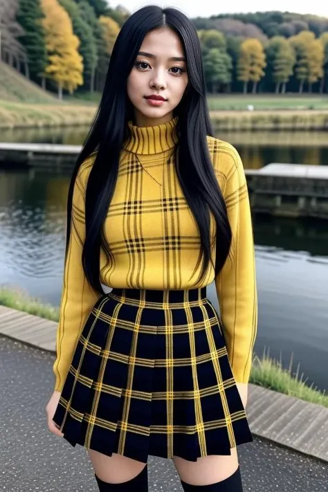 1 woman, 22yo, realistic, masterpiece, high detailed skin, looking at viewer, full body shot, scenic view, long hair, black hair
yellow plaid pleated miniskirt, yellow turtle neck sweater <lora:Yellow_Sweater_Skirt_By_Stable_Yogi:1>