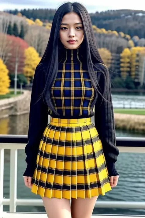 1 woman, 22yo, realistic, masterpiece, high detailed skin, looking at viewer, full body shot, scenic view, long hair, black hair
yellow plaid pleated miniskirt, yellow turtle neck sweater <lora:Yellow_Sweater_Skirt_By_Stable_Yogi:1>