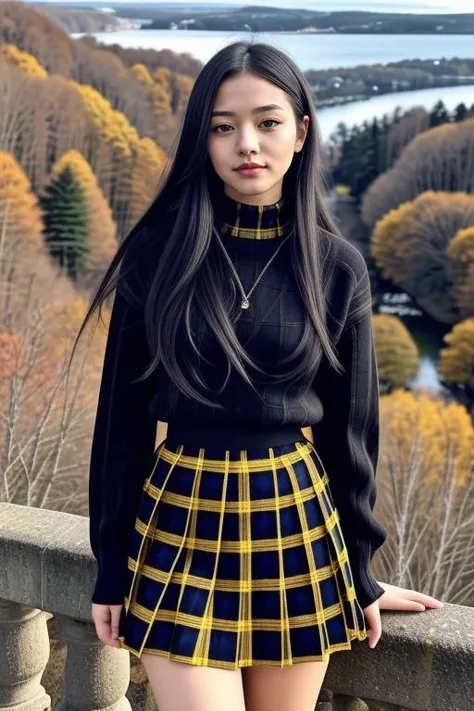 1 woman, 22yo, realistic, masterpiece, high detailed skin, looking at viewer, full body shot, scenic view, long hair, black hair
yellow plaid pleated miniskirt, yellow turtle neck sweater <lora:Yellow_Sweater_Skirt_By_Stable_Yogi:1>