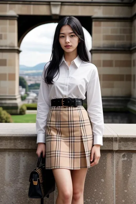 1 woman, 22yo, realistic, masterpiece, high detailed skin, looking at viewer, full body shot, scenic view, long hair, black hair
<lora:Burberry_Shirt_Skirt_By_Stable_Yogi:0.8> burberry plaid, skirt, belt, white shirt