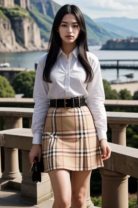 1 woman, 22yo, realistic, masterpiece, high detailed skin, looking at viewer, full body shot, scenic view, long hair, black hair
<lora:Burberry_Shirt_Skirt_By_Stable_Yogi:0.8> burberry plaid, skirt, belt, white shirt