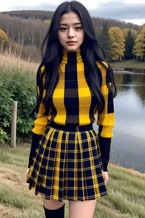 1 woman, 22yo, realistic, masterpiece, high detailed skin, looking at viewer, full body shot, scenic view, long hair, black hair
yellow plaid pleated miniskirt, yellow turtle neck sweater <lora:Yellow_Sweater_Skirt_By_Stable_Yogi:1>