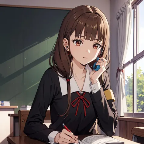 masterpiece,best quality,solo,
<lora:Iinomiko-v2-000010:0.9>,
mikobp,
mikoso,shuuchiin academy school uniform,school uniform,long sleeves,red ribbon,
cowboy shot,
classroom,chair,listen,earphones,studying,