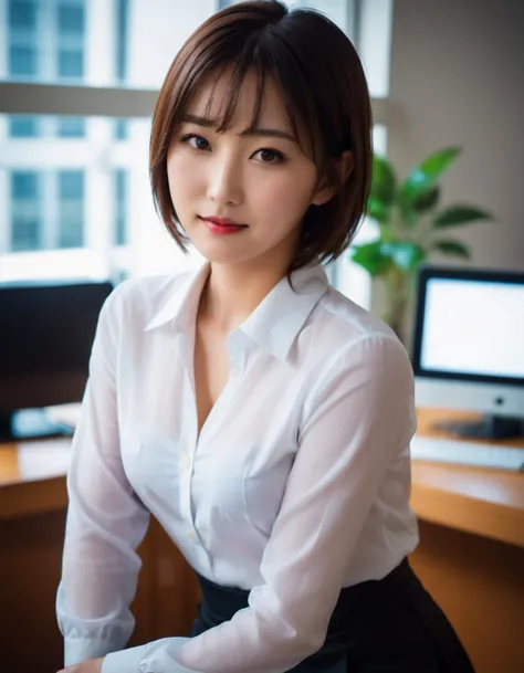 1japanese_woman,beauty face,head tilt,suit skirt,short hair,(24yo),realistic,photo,detail skin textures,sharp focus,dynamic angle,looking at viewer,seductive_smile,sexy posing,cleavage,leaning forward,in office,