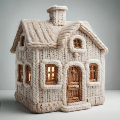 a close up of a knitted house with a lit window