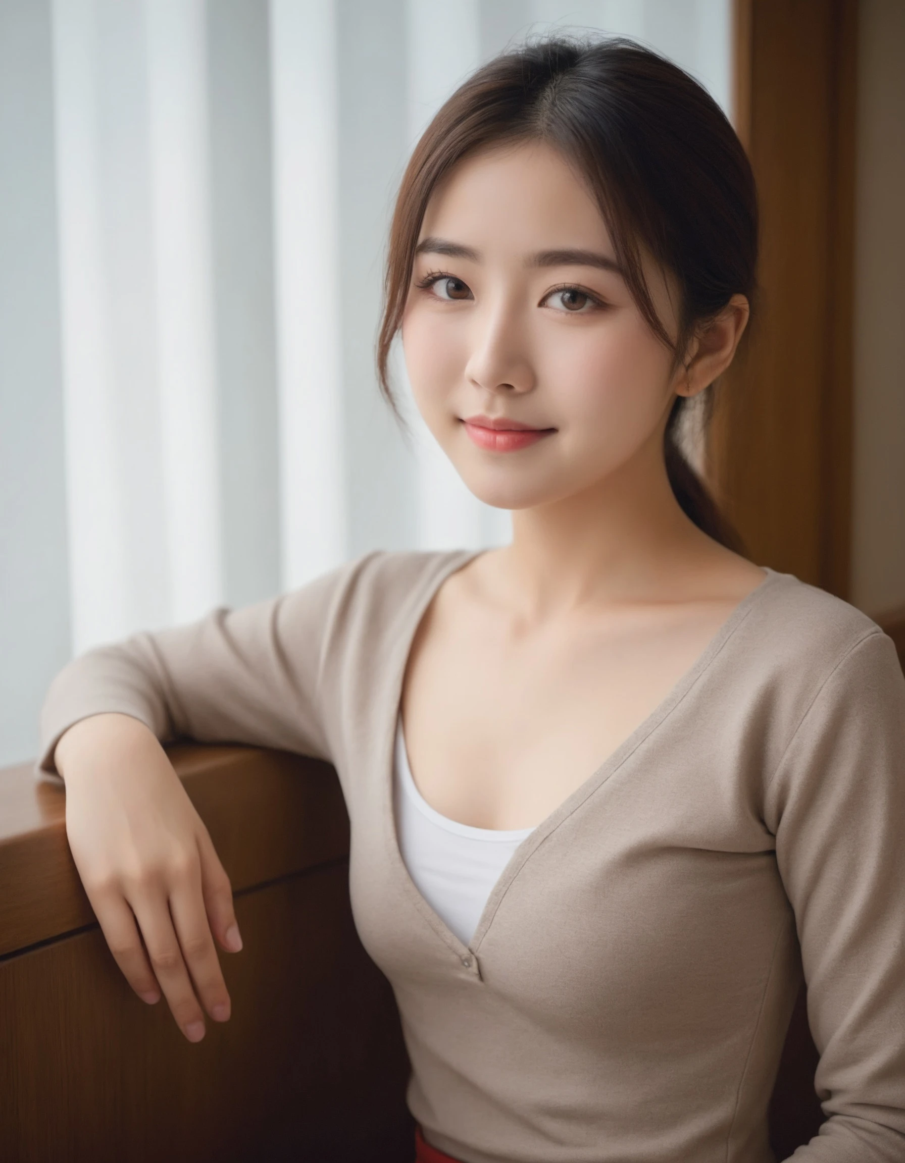 japanese woman in Luxury Tower Apartments, cute, (small smile:0.7), (high resolution detail of human skin texture:1.2,rough skin:1.2), (brown eyes,pupil), sit char,
BREAK
(thin T-shirt),
(upper waist:1.4), (indirect lighting), Window light,