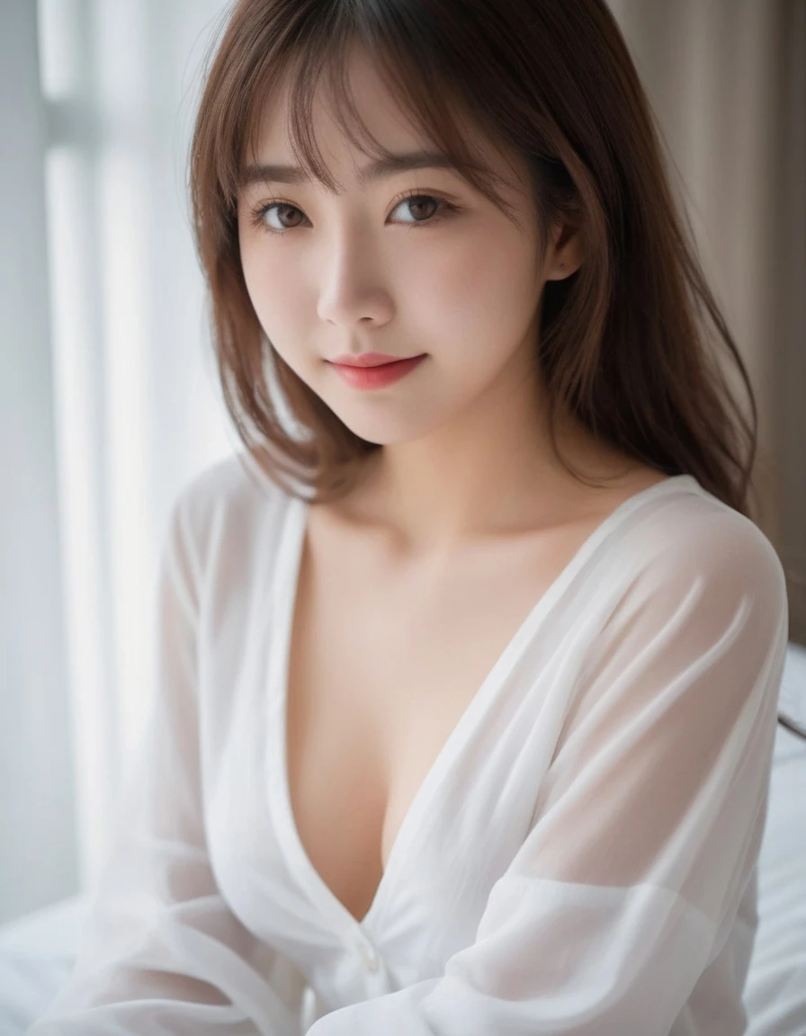 japanese woman in Luxury Tower Apartments, 21yo, cute, (shy), (high resolution detail of human skin texture:1.6,rough skin:1.4), (brown eyes, pupil), (midi wavy hair, bangs), (dimples, laugh lines, periorbital puffiness), nsfw, (dainty:1.5), veins, on bed,
BREAK
white (See-through cloth),
BREAK
(navy long skirt:1.5),
(portrait:1.6), (natural lighting),(cinematic lighting:1.5)