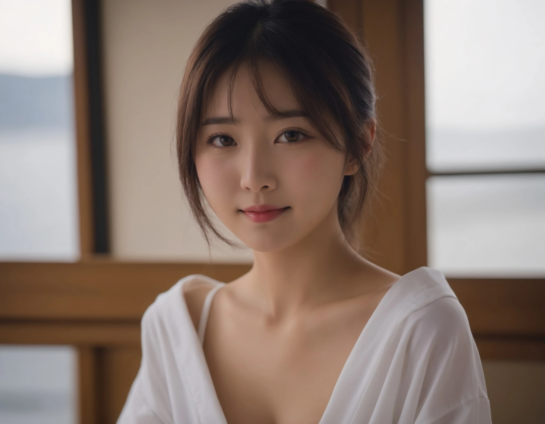 japanese woman,22yo, cute, (small smile:0.7), (high resolution detail of human skin texture:1.2,rough skin:1.2), (brown eyes,pupil),
sit char,
(navy cloth,open chest),
(upper waist:1.4), (indirect lighting), Window light,
