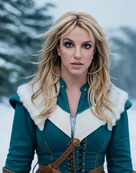 BritneySpears,<lora:BritneySpearsSDXL:1> photograph, Compelling athletic Female cosplaying as Freyja, Snowing, Iphone X, Low shutter