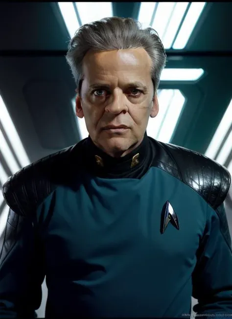 RAW photo of kk1, man in star trek uniform, tailed textures, sharp focus, ultra high pixel detail, absurdres, cinematic, intricate, cinematic light, concept art, art station, realistic, movie scene, cinematic, high quality, craig mullins and wayne barlowe style, full colors, incredibly detailed, 4k, 8k, <lora:KlausKinski-06:1>