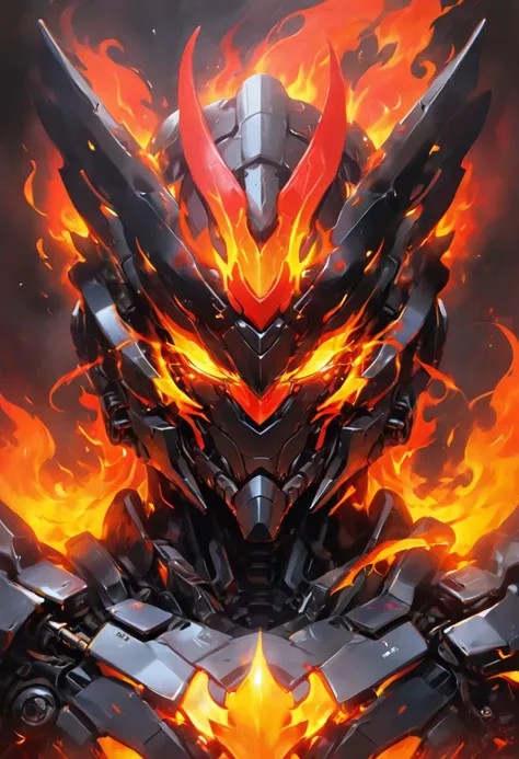 best aesthetic,lolsplashart,nijimecha,Burning mech closeup concept art,portrait,head only,black mech,flames,burning,embers,glowing eyes,bath of fire,epic scene,looking at viewer,best quality,masterpiece,symmetrical composition,in the style with mecha anime,<lora:p19-nijimecha-000006:0.7>,nijimecha,<lora:Hyper-SDXL-8steps-CFG-lora:0.3>,