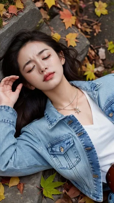 a young woman (crying, eyebrows furrowed, eyes closed). wearing a white shirt, blue denim jacket. black necklace belt. lying in a pile (blue leaves)  <lora:Hyper-SDXL-1step-lora:1> <lora:ä¸äº«ï¼ä¸è±¡ä¿®ç½ï¼_64:1><lora:add-detail-xl:1>
