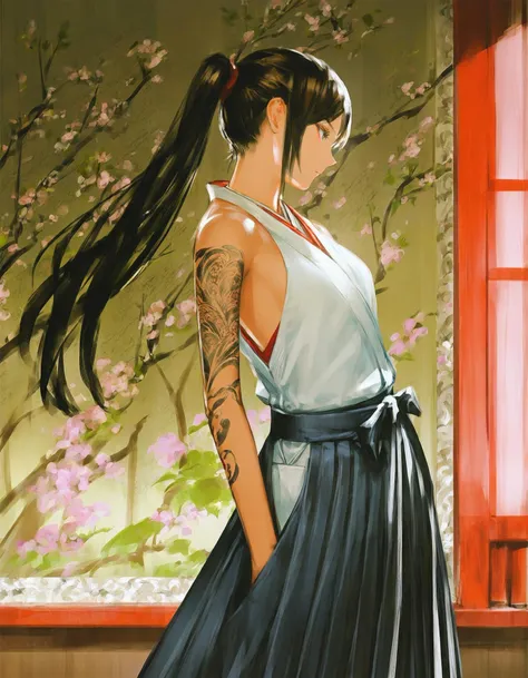 masterpiece artwork (by reoen:1.1), 
(by labombardier!:1.1), 
(fine_art_parody:1.1),
long shot,
(yakuza 1girl solo :1.1), (arm_tattoo:1.1), 
hakama skirt,  print hakama, 
[amazing|best] quality, textured, detailed, oriental,
<lora:HyperSDXL8CFG-lora:1.0>