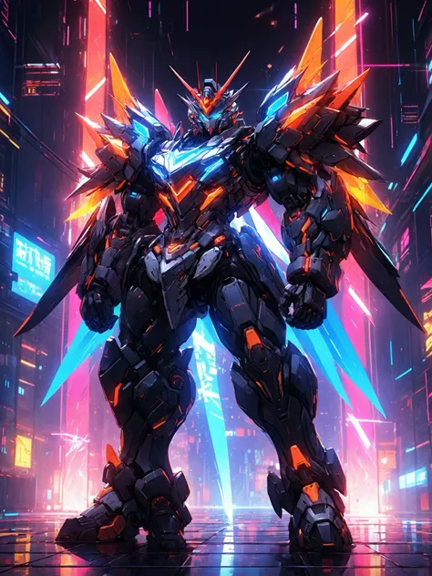 Game Illustration,League of Legends Splash Art,Gundam RX-78An abstract neon design of a glowing,intricate details and neon - colored patterns,set against a dark,abstract background,full body,cyberpunk,science fiction,<lora:nijimecha_XL_V6:0.7>,nijimecha,<lora:Hyper-SDXL-8steps-CFG-lora:0.35>,