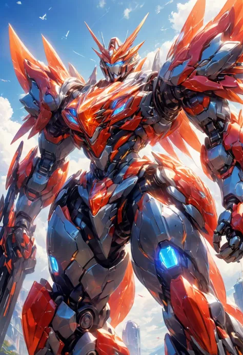 iridescent perspective view,low angle,sweeping circling composition,large beautiful crystal eyes,big irises,UHD,HDR,8K,Concept design illustration of a robot with thick limbs and heavy armor,teeth and claws,mecha anime style!,science fiction<lora:p19-nijimecha-000006:0.7>,nijimecha,<lora:Hyper-SDXL-8steps-CFG-lora:0.3>,
