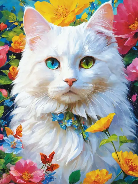 <lora:Hyper-SDXL-8steps-CFG-lora:0.3>,colorful and vibrant,mystical colors,contemporary impressionism,yanjun cheng portrait painting,iridescent perspective view,A lovely white cat standing in the middle of a flower bush,it has jewel-like eyes,a beautiful wreath on its head,its back is full of colorful flowers,dynamic pose,kinetic,masterpiece,best quality,