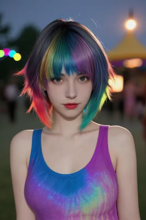 zPDXL2, zPDXLpg, zPDXLrl, 24-years old, beautiful girl with vivid (rainbow dye, colored hair:1.3), spiky pixie cut, super cute young face, long hair, bangs, at a carnival at night, wearing an oversized tank top, no bra, realistic photograph, professional photographer, depth of field, bokeh, d3t41l3d<lora:Hyper-SDXL-1step-lora:1>