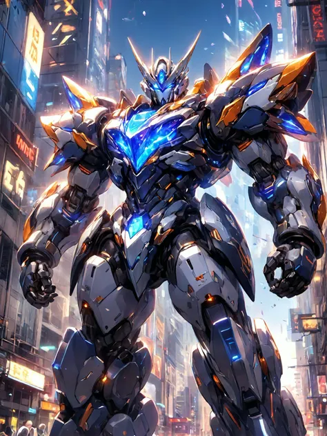 iridescent perspective view,low angle,sweeping circling composition,large beautiful crystal eyes,big irises,UHD,HDR,8K,Concept design illustration of a robot with thick limbs and heavy armor,teeth and claws,mecha anime style!,science fiction,<lora:p7-nijimecha-000009:0.7>,nijimecha,<lora:Hyper-SDXL-4steps-lora:0.8>,