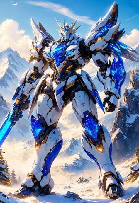 A clean white mech standing at the foot of a snowy mountain,blue energy core,glowing eyes,best quality,intricate details<lora:p19-nijimecha-000006:0.7>,nijimecha,<lora:Hyper-SDXL-8steps-CFG-lora:0.3>,