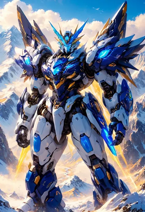 A clean white mech standing at the foot of a snowy mountain,blue energy core,glowing eyes,best quality,intricate details<lora:p19-nijimecha-000006:0.7>,nijimecha,<lora:Hyper-SDXL-8steps-CFG-lora:0.3>,