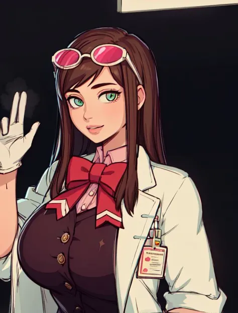 very detailed illustration, 1girl, ((big breasts)), absurdres, highres, high quality, masterpiece, ultra-detailed, detailed eyes, looking at viewer, <lora:MARE:0.8>, full lips,<lora:aa_emaskye-10:0.8>, ema skye, tinted eyewear on head, open clothes, labcoat, sleeves rolled up, green vest, red bow, beautiful eyes, nature, cinematic lighting, happy, pink rubber gloves