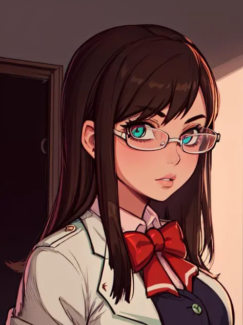 very detailed illustration, 1girl, ((big breasts)), absurdres, highres, high quality, masterpiece, ultra-detailed, detailed eyes, looking at viewer, <lora:MARE:0.75>, full lips,<lora:aa_emaskye-10:0.8>, ema skye, tinted eyewear on head, open clothes, labcoat, sleeves rolled up, green vest, red bow, beautiful eyes, nature, cinematic lighting