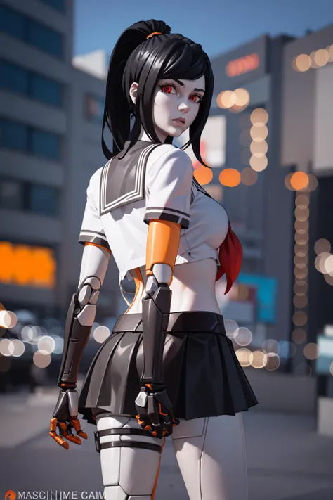 <lora:VRAMsTsuki:0.65>, xyztsuki, 1girl, solo, from behind, stiches, android, black hair, looking at viewer, black skirt, closeup, school uniform, ponytail, serafuku, sailor collar, blurry, blurry background, joints, pale, mechanical arms, 3d model cycles render, cyborg, joints, long hair, looking at viewer, mechanical arms, mechanical parts, cyberpunk, orange, made of plastic, heavy eyeliner, suspending, red eye color