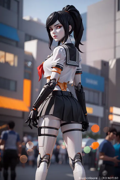 <lora:VRAMsTsuki:0.65>, xyztsuki, 1girl, solo, from behind, stiches, android, black hair, looking at viewer, black skirt, closeup, school uniform, ponytail, serafuku, sailor collar, blurry, blurry background, joints, pale, mechanical arms, 3d model cycles render, cyborg, joints, long hair, looking at viewer, mechanical arms, mechanical parts, cyberpunk, orange, made of plastic, heavy eyeliner, suspending, red eye color