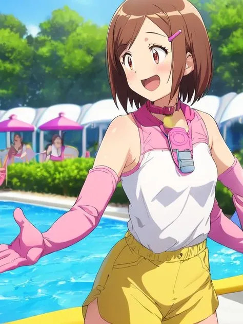 best quality, masterpiece, highres, detailed, digital illustration, <lora:Detail - add_detail:0.2>, HikariDigi02, brown hair, 1girl, yellow shorts, pink and white top, pink gloves, hair clip, whistle around neck, excited, outdoors, waterpark, small breasts, <lora:Character - HikariDigi02:0.9>,