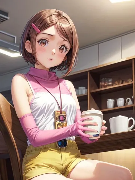 best quality, masterpiece, highres, detailed, digital illustration, <lora:Detail - add_detail:0.2>, HikariDigi02, brown hair, 1girl, yellow shorts, pink and white top, pink gloves, hair clip, whistle, indoors, coffee, drinking coffee, <lora:Character - HikariDigi02:0.9>,