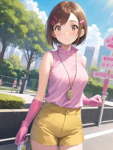 best quality, masterpiece, highres, detailed, digital illustration, <lora:Detail - add_detail:0.2>, HikariDigi02, brown hair, 1girl, yellow shorts, pink and white top, pink gloves, hair clip, whistle, outdoors, park, <lora:Character - HikariDigi02:0.9>