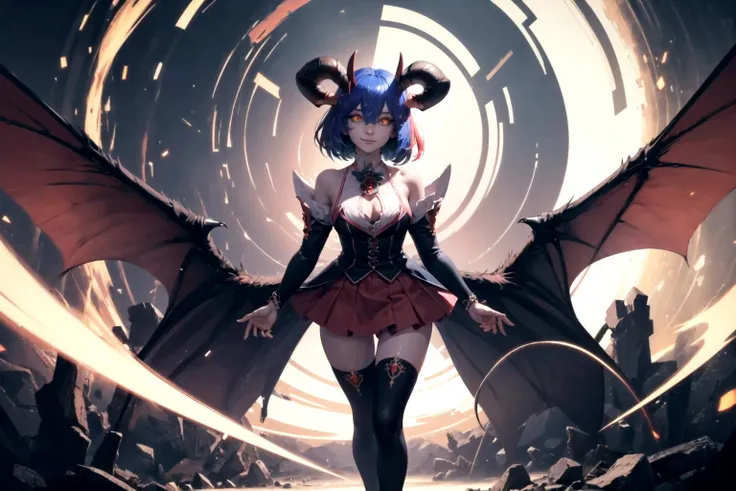 <lora:Chrome-ChanV39-55:1.0>, Chrome-chan, looking at viewer, smile, closed mouth, standing, upper_body, evil_smile, shaded_face, glare, grin, short_hair, upper_body, deep eyes, skirt, large_breasts, white thighhighs, hair between eyes,1girl,<lyco:DemonicT:0.5>,DemonicT,sclera,(horns:1.2),(wings:1.2),colored sclera,demon wings,(demon horns:1.1),slit pupils,Ultra-detail,(highres:1.1),best quality,(masterpiece:1.3),cinematic lighting, Conjured weapon preparation pose
