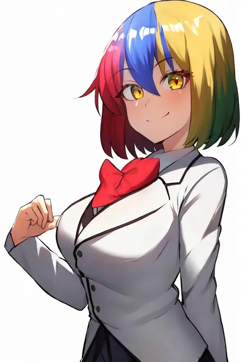 <lora:Chrome-ChanV39-55:0.9>, Chrome-chan, 1girl, looking at viewer, smile, simple background, white background, closed mouth, standing, full body, ebil_smile, shaded_face, glare, short_hair, upper_body, deep eyes, sweater, skirt, large_breasts, red_eyes, green_eyes, yellow_eyes