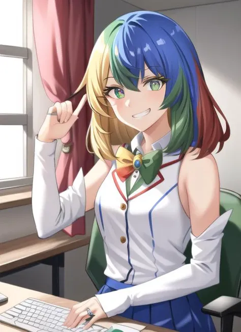 ((best quality)), ((highly detailed)), masterpiece, (detailed eyes, deep eyes), (1girl), upper body, <lora:Chrome-Chan:1>, Chrome-chan, (multicolored hair, blonde hair, blue hair, red hair, green hair), medium hair, multicolored eyes, shirt, sleeveless, long sleeves, white bridal gauntlets, pleated skirt, skirt, blue skirt, white thighhighs, jewelry, ring, green shoes, evil smile, grin, shaded_face, glare, ((glowing eyes)), in the dark, inside, in an office, desk, computer, keyboard, standing, office chair