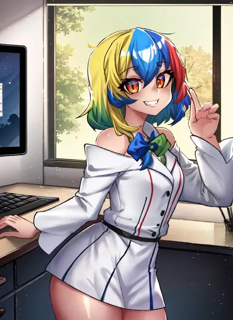 ((best quality)), ((highly detailed)), masterpiece, detailed face, beautiful face, (detailed eyes, deep eyes), (1girl), cowboy shot, <lora:Chrome-Chan:.9>, Chrome-chan, (multicolored hair, blonde hair, blue hair, red hair, green hair, streaked hair), medium hair, multicolored eyes, bandeau, evil smile, grin, shaded_face, glare, ((glowing eyes)), in the dark, inside, in an office, desk, computer, keyboard, standing, office chair, <lora:Osiimi:1.2>