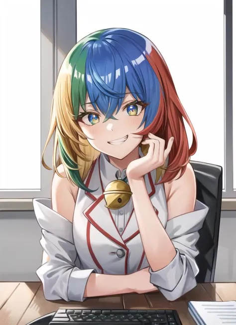 ((best quality)), ((highly detailed)), masterpiece, detailed face, beautiful face, (detailed eyes, deep eyes), (1girl), upper body, <lora:Chrome-Chan:.9>, Chrome-chan, (multicolored hair, blonde hair, blue hair, red hair, green hair), medium hair, multicolored eyes, neck bell, evil smile, grin, shaded_face, glare, ((glowing eyes)), in the dark, inside, in an office, desk, computer, keyboard, standing, office chair