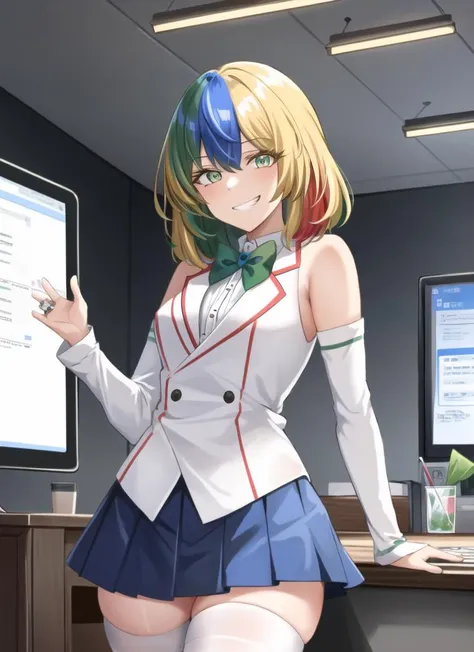 ((best quality)), ((highly detailed)), masterpiece, (detailed eyes, deep eyes), (1girl), cowboy shot, <lora:Chrome-Chan:.95>, Chrome-chan, (multicolored hair, blonde hair, blue hair, red hair, green hair, streaked hair), medium hair, multicolored eyes, shirt, sleeveless, long sleeves, white bridal gauntlets, pleated skirt, skirt, blue skirt, white thighhighs, jewelry, ring, green shoes, evil smile, grin, shaded_face, glare, ((glowing eyes)), in the dark, inside, in an office, desk, computer, keyboard, standing, office chair