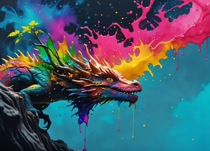 magical tree roots trapping a chrono dragon, super fine detail, realistic colorful ink and wash with vibrant watercolor sketch of a volumetric (splash of liquids in vibrant colors), [asteroid-like], dynamically shaped by the liquid splashes, black background of space, UHD, HDR10, Canon EOS R5, <lora:add-detail-xl:1> <lora:MJ52:0.75>   <lora:Fantasy_CreaturesXL:0.4>